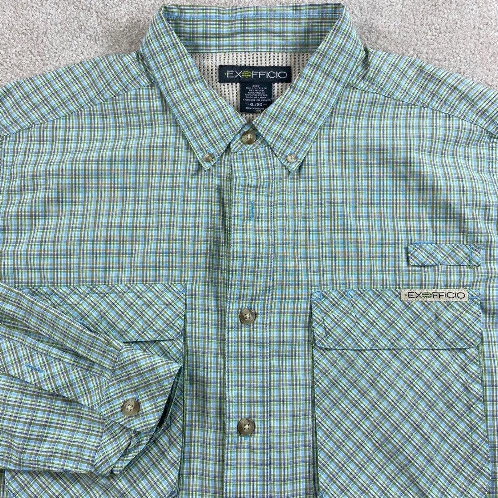 ExOfficio Button Down Shirt Mens XL Blue Green Plaid Long Sleeve Fishing Hiking